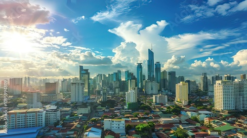 A dynamic cityscape with skyscrapers and city streets bustling with activity.