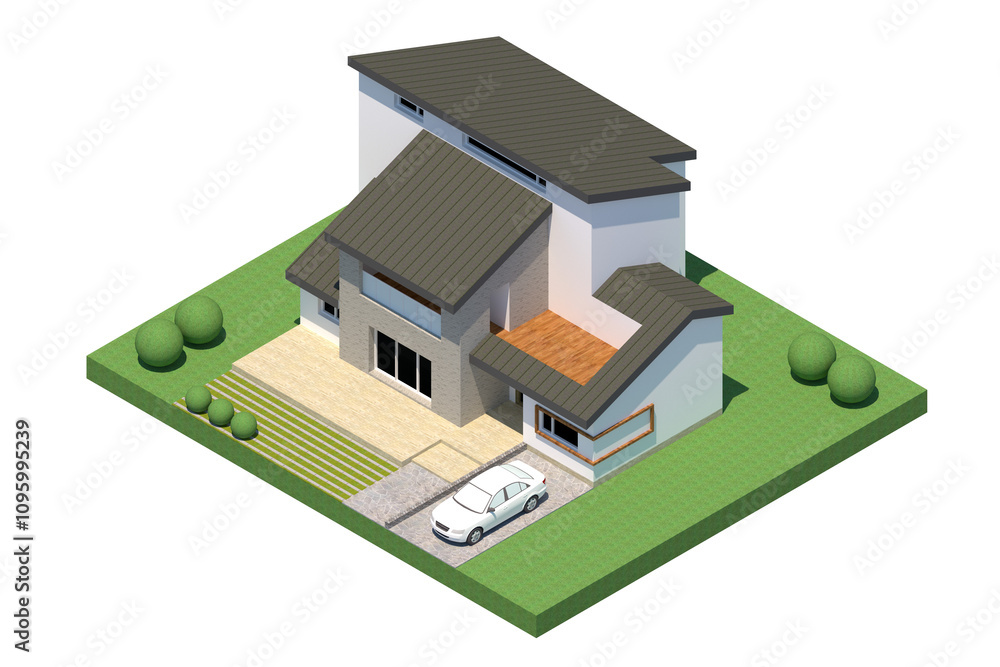 3D rendering illustration of a two-story detached house 3D rendering illustration of a two-story detached house