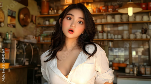 A Young Woman in a White Shirt Shows Surprise in a Cafe Setting