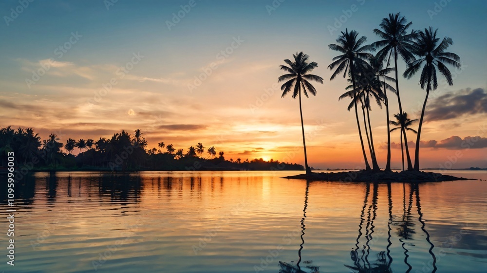 Serene Tropical Sunset with Silhouette Palms and Vibrant Ocean Reflections V2 Serene Tropical Sunset with Silhouette Palms and Vibrant Ocean Reflections V2