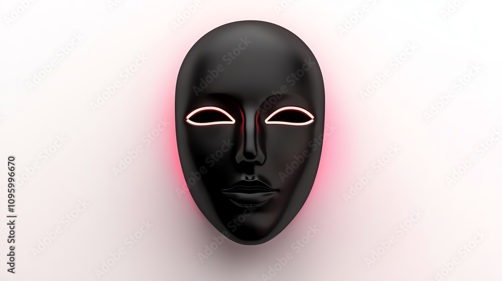 A black mask with luminous eyes, symbolizing identity and expression in art. A black mask with luminous eyes, symbolizing identity and expression in art.