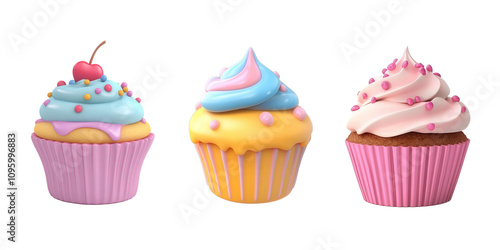 Colorful cupcakes with frosting and toppings, isolated on transparent or white background