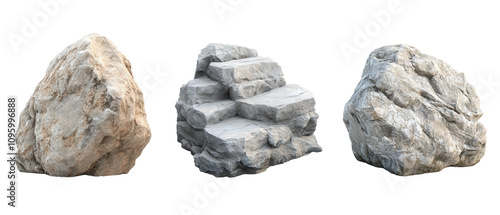 Collection of natural rocks, isolated on transparent or white background