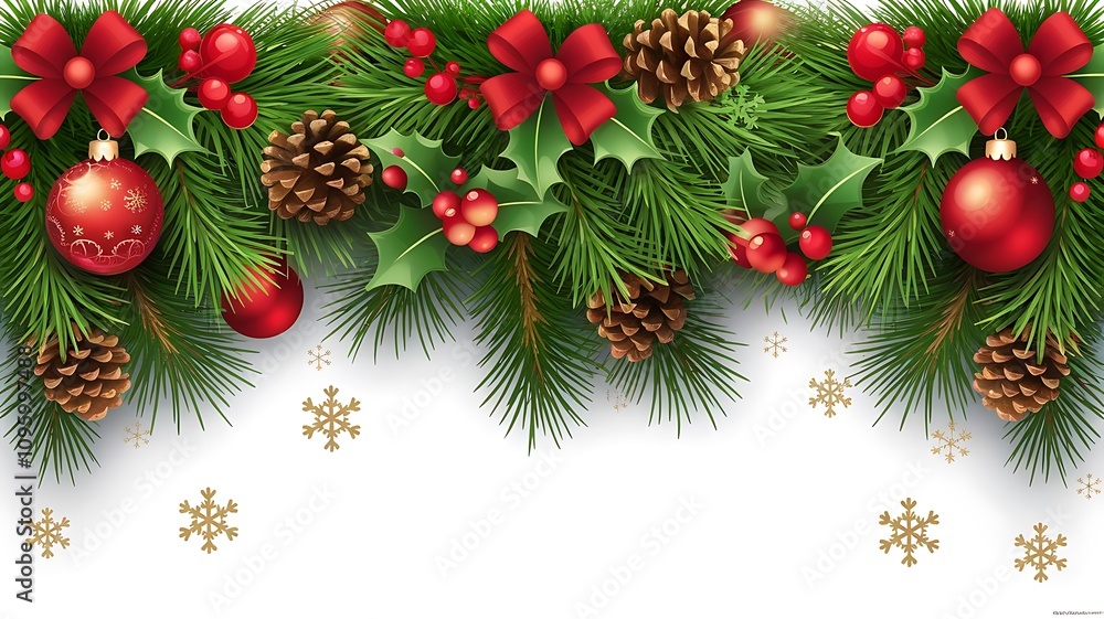 Elegant Christmas Pine Garland with Ornaments on White Background Elegant Christmas Pine Garland with Ornaments on White Background