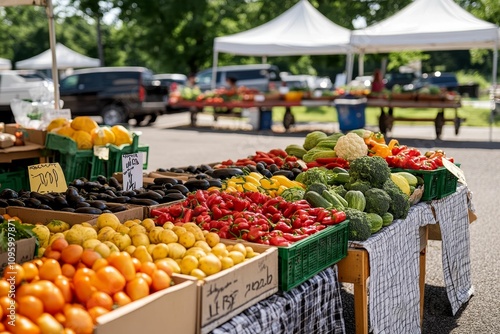 Farmers market overflowing with colorful produce.