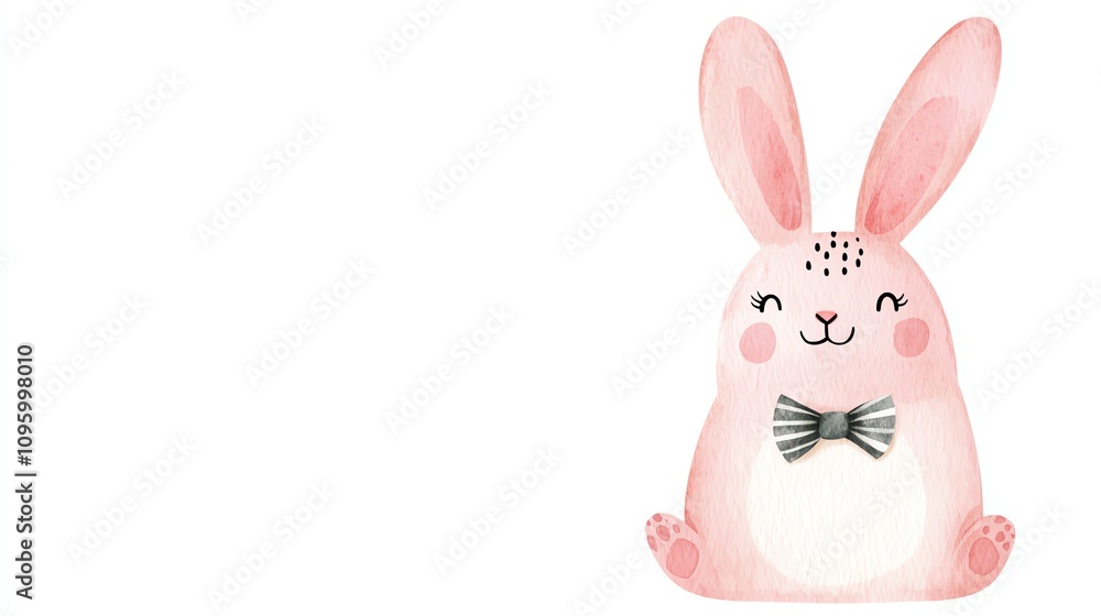 Cute pink rabbit character with a bow tie, perfect for children's illustrations and Easter themes. Cute pink rabbit character with a bow tie, perfect for children's illustrations and Easter themes.
