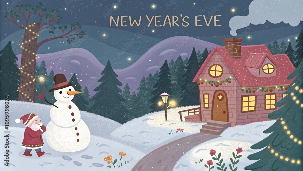 A winter scene with a snowman, a child, and a cozy house decorated for Christmas. A winter scene with a snowman, a child, and a cozy house decorated for Christmas.