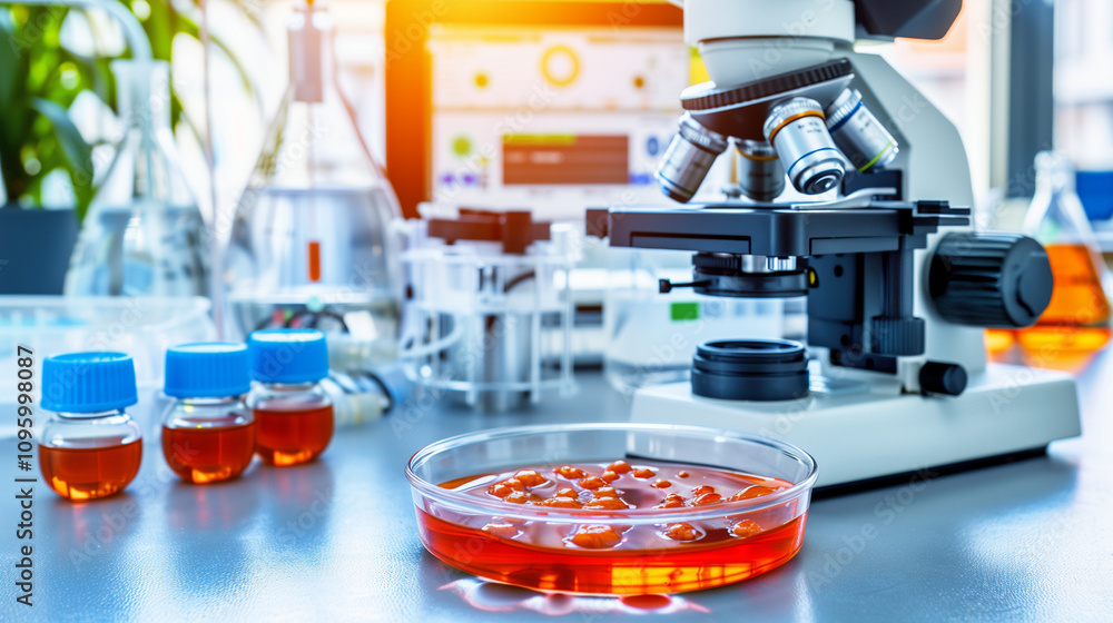 Close-up of stem cells in a petri dish under a microscope, symbolizing medical research and innovation, with scientific equipment in the background. Close-up of stem cells in a petri dish under a microscope, symbolizing medical research and innovation, with scientific equipment in the background.
