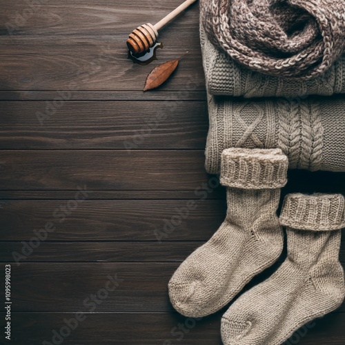 Winter greetings wallpaper background with winter items including gloves, wool scarfs and sweaters, with a warm honey tea on a wooden background. photo