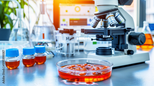 Close-up of stem cells in a petri dish under a microscope, symbolizing medical research and innovation, with scientific equipment in the background. 