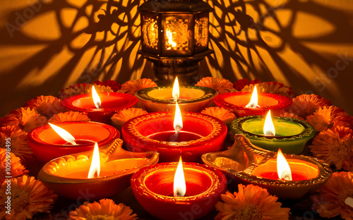 Hindu diya candles holy worship puja aarti Deepak deep flowers  photo