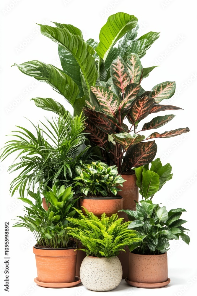 Obraz premium Lush green plants in terracotta and stone pots.