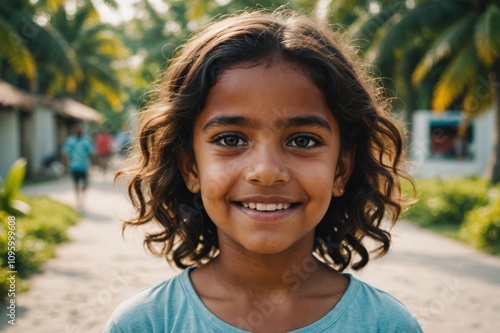 Close portrait of a smiling Maldivian female kid looking at the camera, Maldivian outdoors blurred background photo