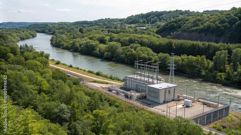 A power generation unit beside a river with lush greenery nearby, environmental impact, landscape, greenery A power generation unit beside a river with lush greenery nearby, environmental impact, landscape, greenery