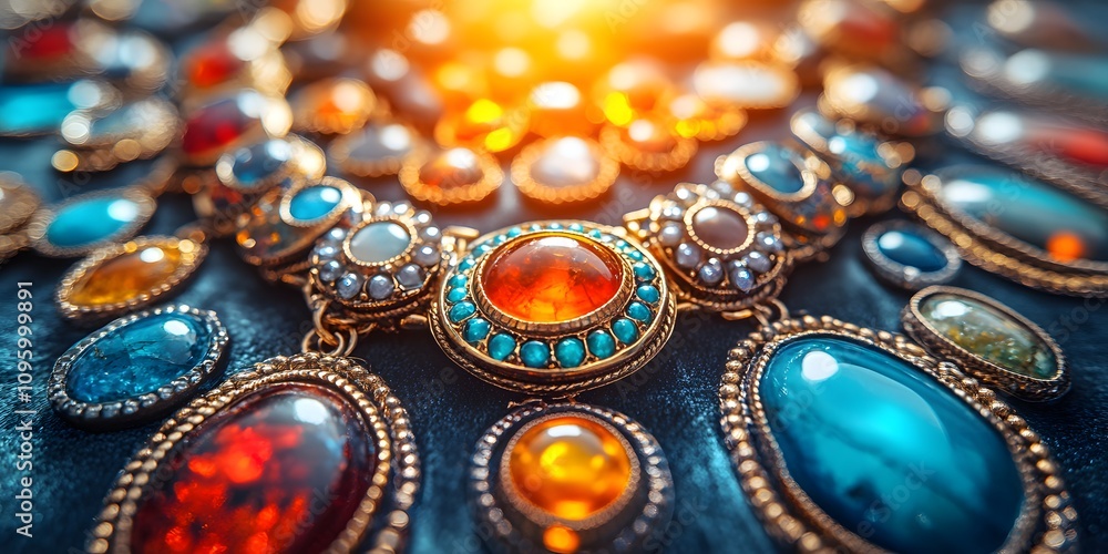 A close-up of an ornate jewelry piece featuring various colorful gemstones. A close-up of an ornate jewelry piece featuring various colorful gemstones.