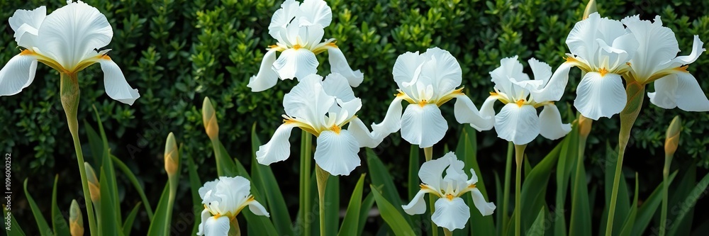 Fototapeta premium A row of white iris flowers with bright green foliage and slender stems, green leafy foliage, garden features