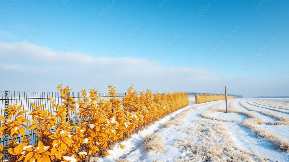 Fototapeta premium A row of yellow autumn leaves along a snow-covered fence fading into the distance against a blue December sky, yellow autumn leaves, snow covered fence