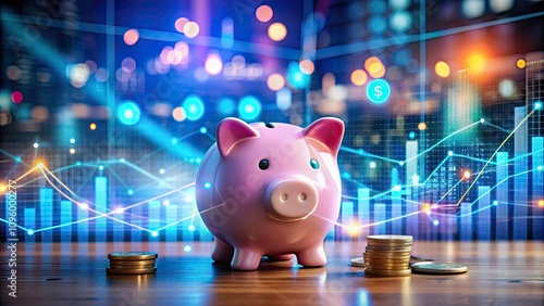 Digital Piggy Bank Representing Savings, Financial Technology, Innovation, and Modern Finance with Bokeh Effect for Stock Photography