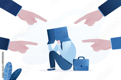 Depressed or tired businessman covered head with cardboard box, shameful. Toxic work, corporate slavery. Abuse, bullying colleagues.