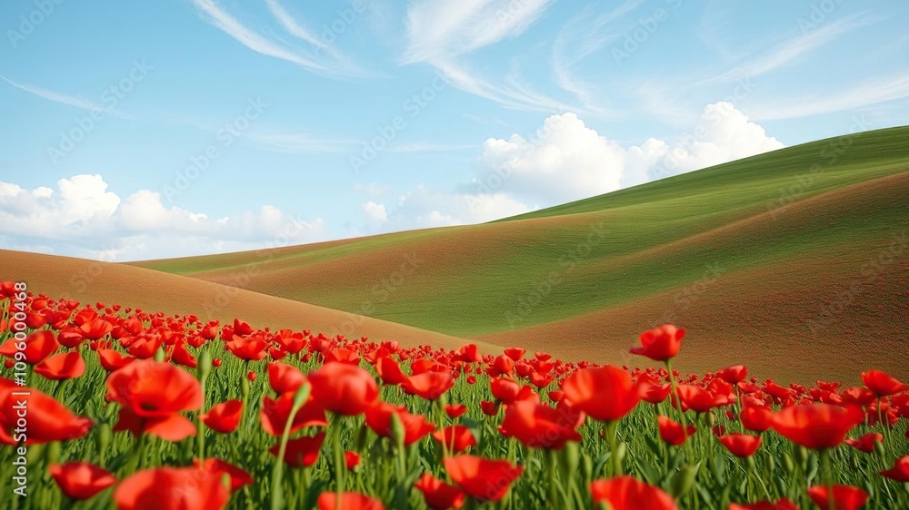 A serene and peaceful scene of emerald green hills covered in vibrant red poppies with a few wispy clouds scattered across the sky, blooming poppies, countryside scenes, floral fields A serene and peaceful scene of emerald green hills covered in vibrant red poppies with a few wispy clouds scattered across the sky, blooming poppies, countryside scenes, floral fields