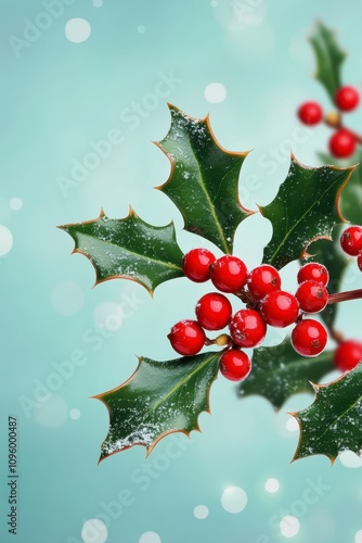 Festive holly sprig with red berries and light dusting of snow against a soft blue background.