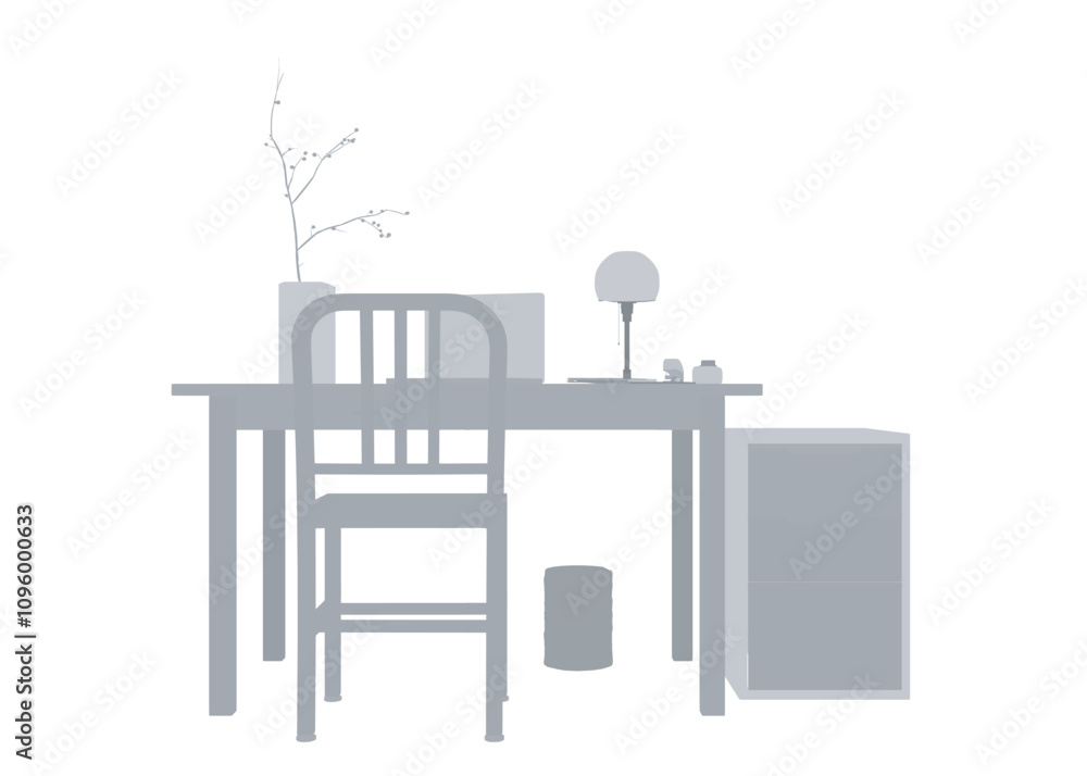 Empty Workplace silhouette, Desk Chair Computer Workspace Office No People. Vector illustration. Front view Empty Workplace silhouette, Desk Chair Computer Workspace Office No People. Vector illustration. Front view