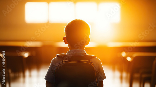 child with backpack gazes at sunset in classroom photo