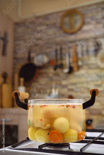 Cooking a hearty fish and vegetable broth with colorful ingredients in a cozy kitchen setting photo