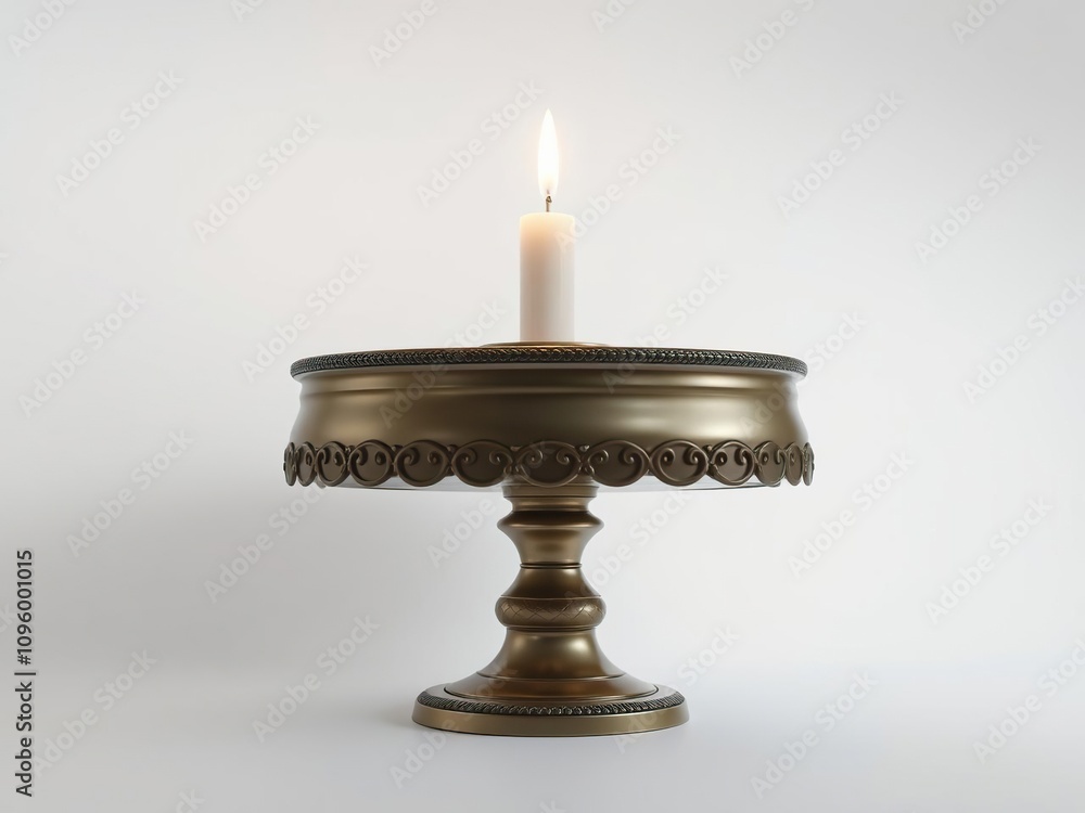 A single candle on a elegant cake stand against a plain white background, simple elegance, cake stand, candle A single candle on a elegant cake stand against a plain white background, simple elegance, cake stand, candle