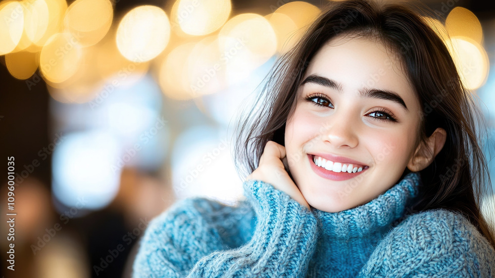 Smiling woman in cozy sweater with warm bokeh background Smiling woman in cozy sweater with warm bokeh background