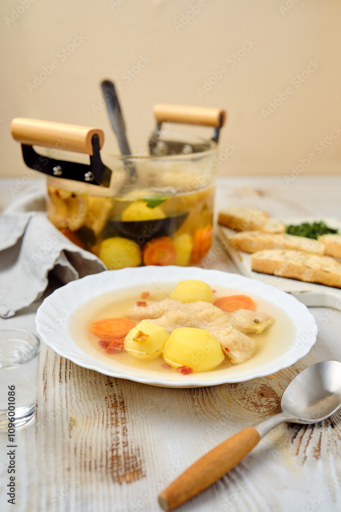 Delicious homemade fish soup with vegetables served on a plate alongside crusty bread Delicious homemade fish soup with vegetables served on a plate alongside crusty bread