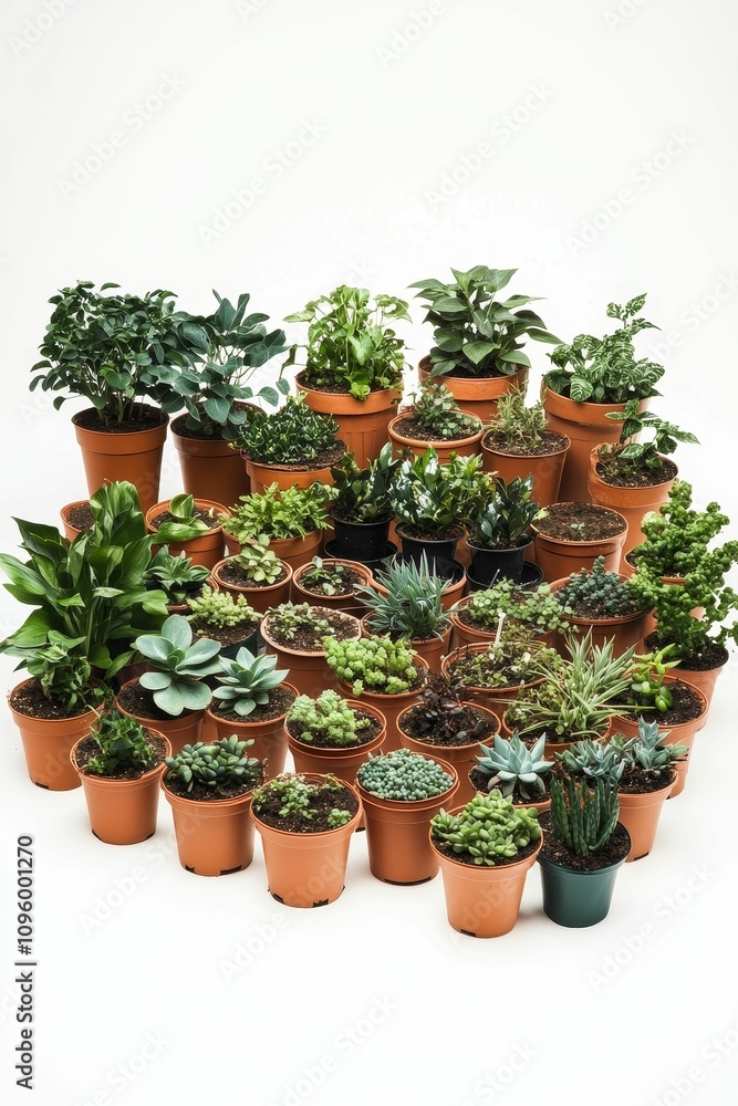 Many potted plants, various species, terracotta pots. Many potted plants, various species, terracotta pots.