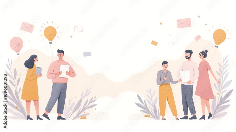 Business communication illustration, collaborative mood, brainstorming session with diverse professionals
Business communication illustration, collaborative mood, brainstorming session with diverse professionals