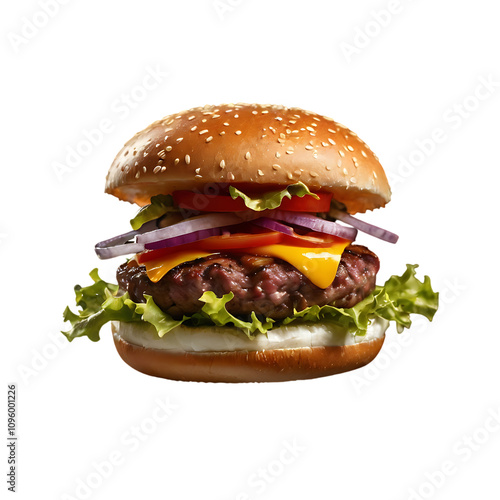 Appetizing Cheeseburger with Grilled Beef, Cheese, Lettuce, Tomato, and Onion Isolated on transparent Background