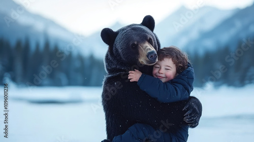 child hugging black bear in snowy landscape, showcasing warmth and joy photo