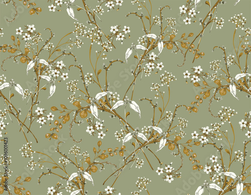 rendy Stylish  Hand drawn  Dry Fall / winter Botanical Floral seamless Pattern,  Vector Flowers  illustration