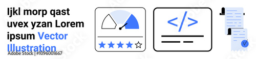 Performance meter with gauge and stars, coding symbol, documents. Ideal for website analytics, development, reviews, documentation, productivity, technical reports, and landing pages. Landing page