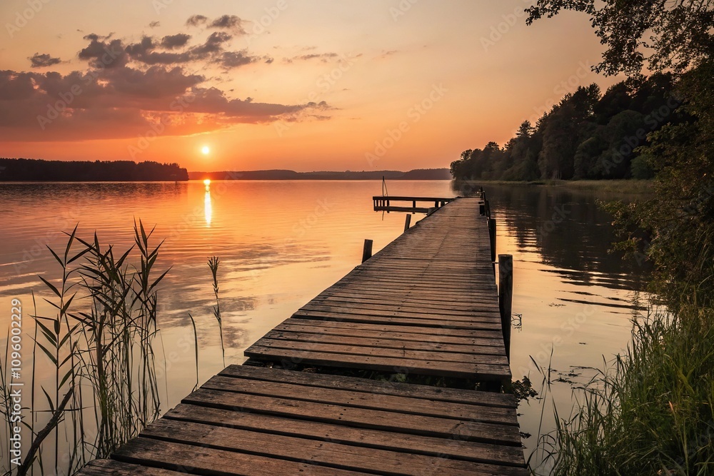Obraz premium A small wooden dock juts out over a calm lake as the sun sets behind it casting a warm orange glow over the water, serene landscape, sunset