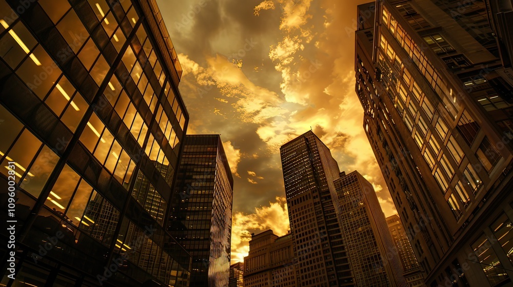 Obraz premium Dark skyscrapers standing against a golden sky at dusk.