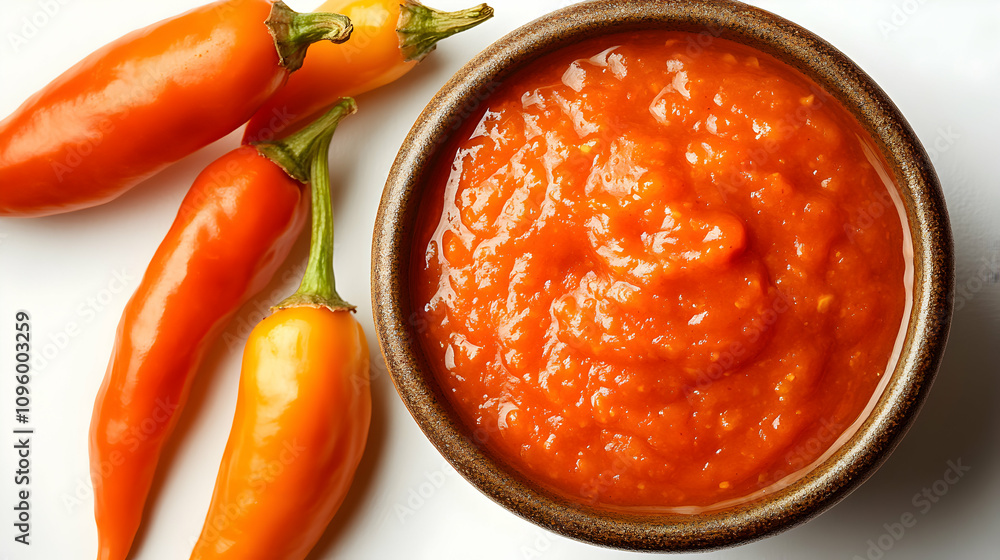 Spicy Orange Chili Pepper Sauce in a Bowl with Fresh Chilis