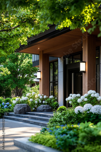 A house with a lot of flowers in front of it photo