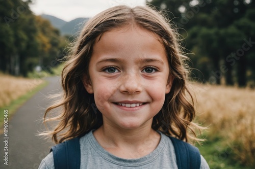 Close portrait of a smiling New Zealander female kid looking at the camera, New Zealander outdoors blurred background