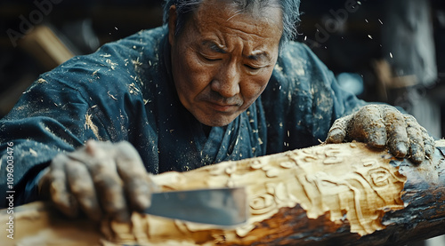 A skilled artisan carves intricate designs into wood, showcasing traditional craftsmanship and dedication in a workshop filled with shavings. photo