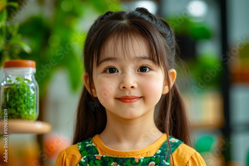 A little girl standing in front of a jar of green peas photo