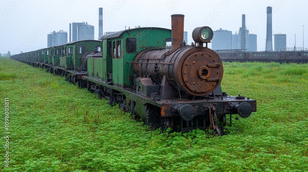 Naklejka premium Rusty Relic: A weathered green steam locomotive stands idle on a grassy field, its journey seemingly paused in time. The industrial backdrop evokes a sense of history and forgotten industry. 