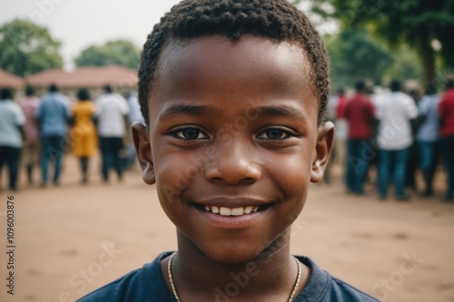 Close portrait of a smiling Nigerian male kid looking at the camera, Nigerian outdoors blurred background