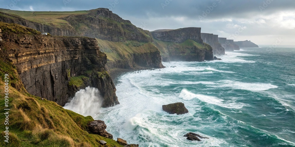 A sweeping vista of rugged cliffs dominates the scene with waves crashing against the rocky shoreline below, sea erosion, coastline A sweeping vista of rugged cliffs dominates the scene with waves crashing against the rocky shoreline below, sea erosion, coastline