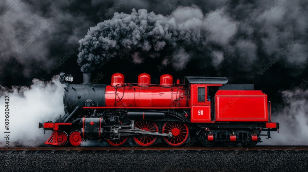 Red Steam Locomotive Chugging Through Smoke Red Steam Locomotive Chugging Through Smoke