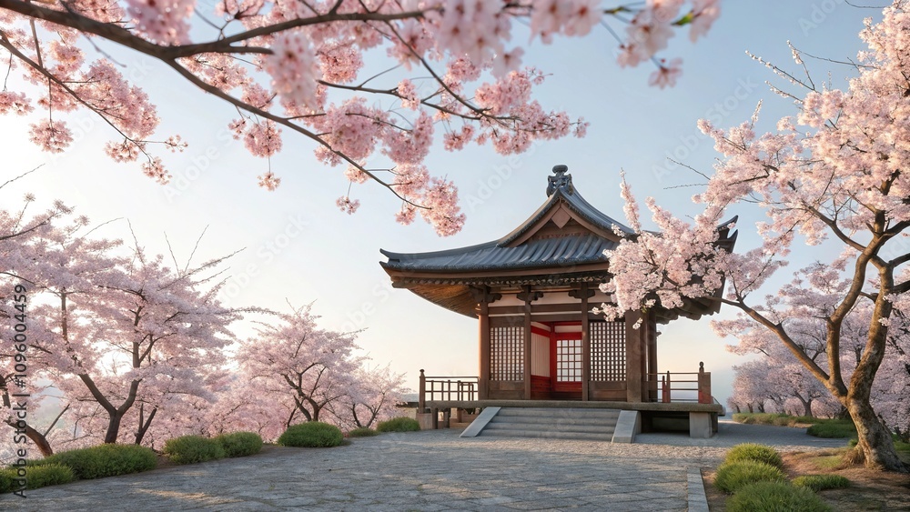 A tranquil Shinto shrine surrounded by vibrant pink cherry blossom trees with delicate white petals and slender branches, nature, ornamental trees, serene landscapes, wooden structures, shinto shrine A tranquil Shinto shrine surrounded by vibrant pink cherry blossom trees with delicate white petals and slender branches, nature, ornamental trees, serene landscapes, wooden structures, shinto shrine