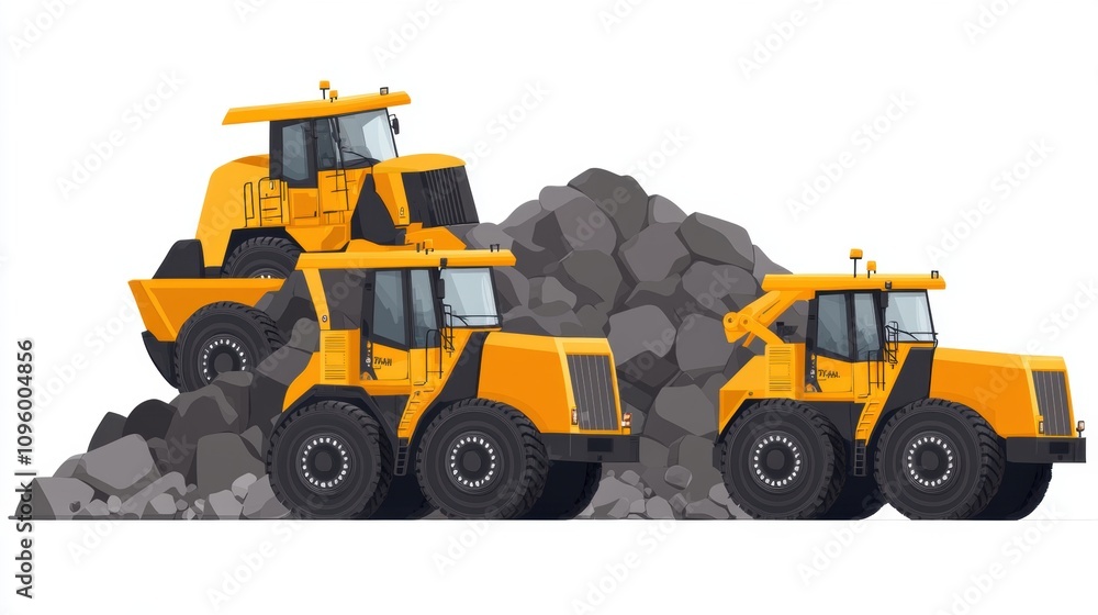 Illustration of Heavy Construction Machinery Working on a Rock Pile with Three Yellow Bulldozers, Showing Power and Machinery in Action in a Modern Construction Environment Illustration of Heavy Construction Machinery Working on a Rock Pile with Three Yellow Bulldozers, Showing Power and Machinery in Action in a Modern Construction Environment
